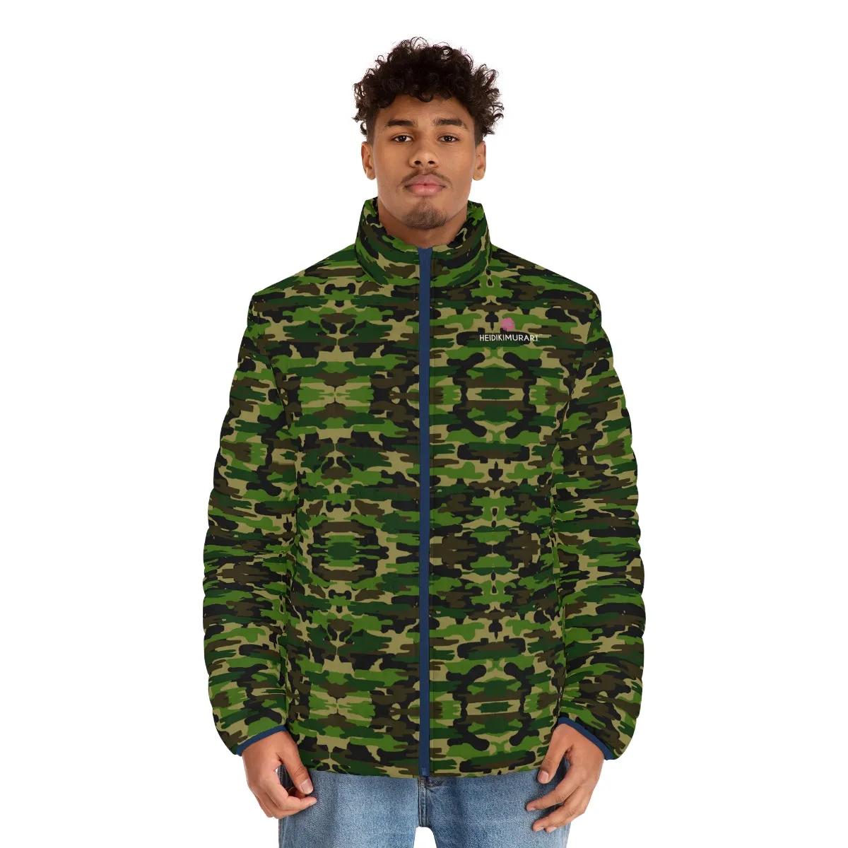 Green Camo Print Men's Jacket, Best Men's Puffer Jacket With Zippers