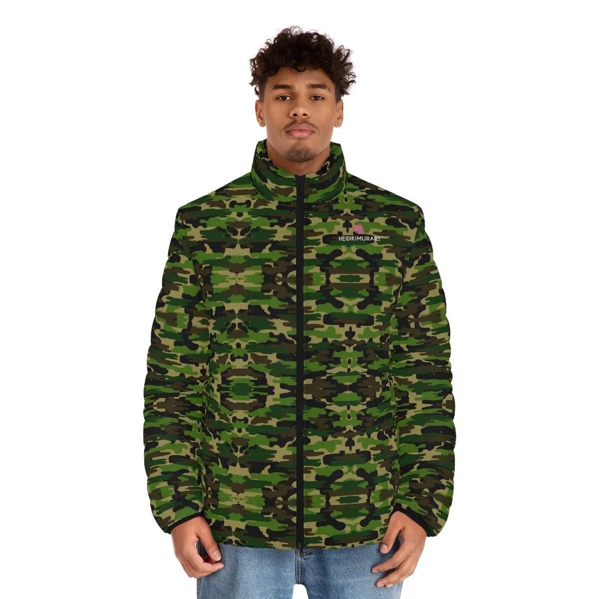 Green Camo Print Men's Jacket, Best Men's Puffer Jacket With Zippers