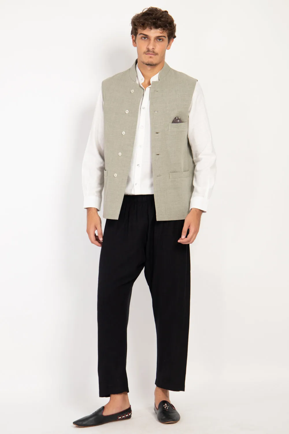 Hassan Linen & Wool Grass Green Gilet