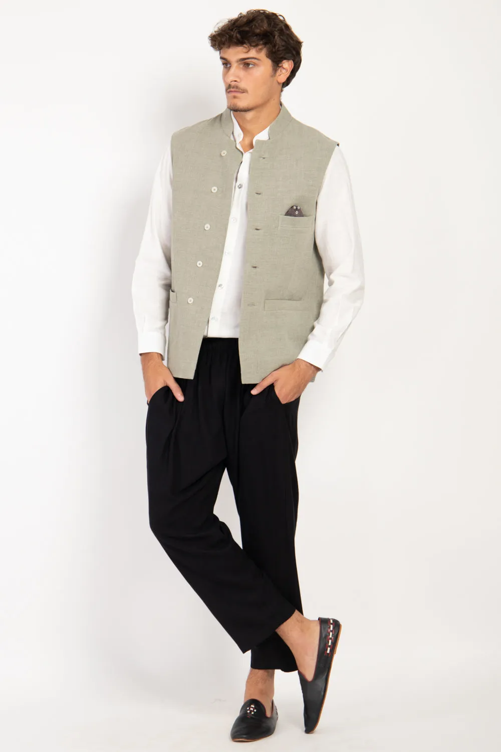 Hassan Linen & Wool Grass Green Gilet