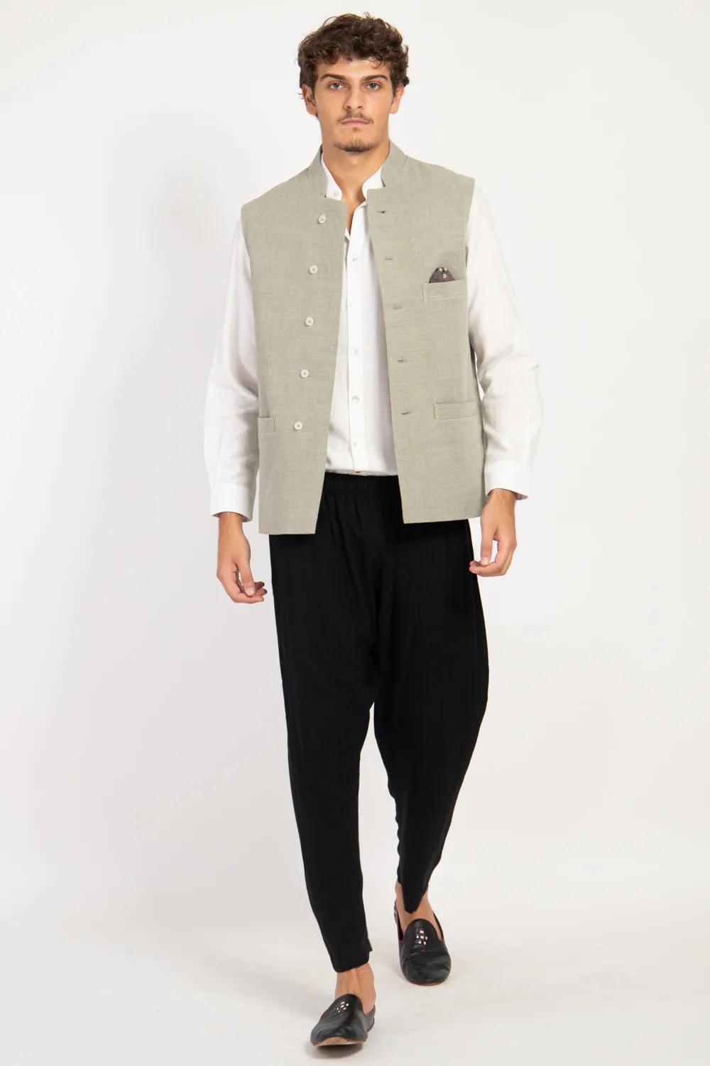 Hassan Linen & Wool Grass Green Gilet