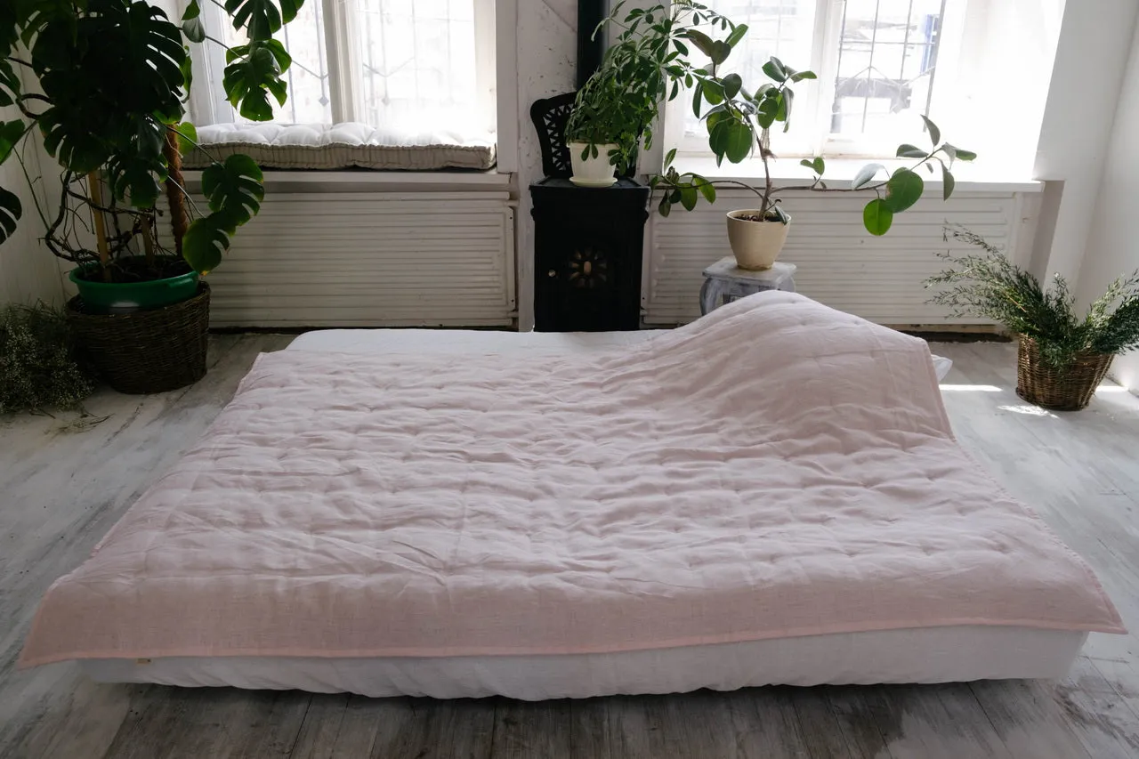 HEMP Linen Blanket organic Hemp fiber filling in Natural Linen Fabric Full Twin custom size cozy organic hand made Quilted blanket