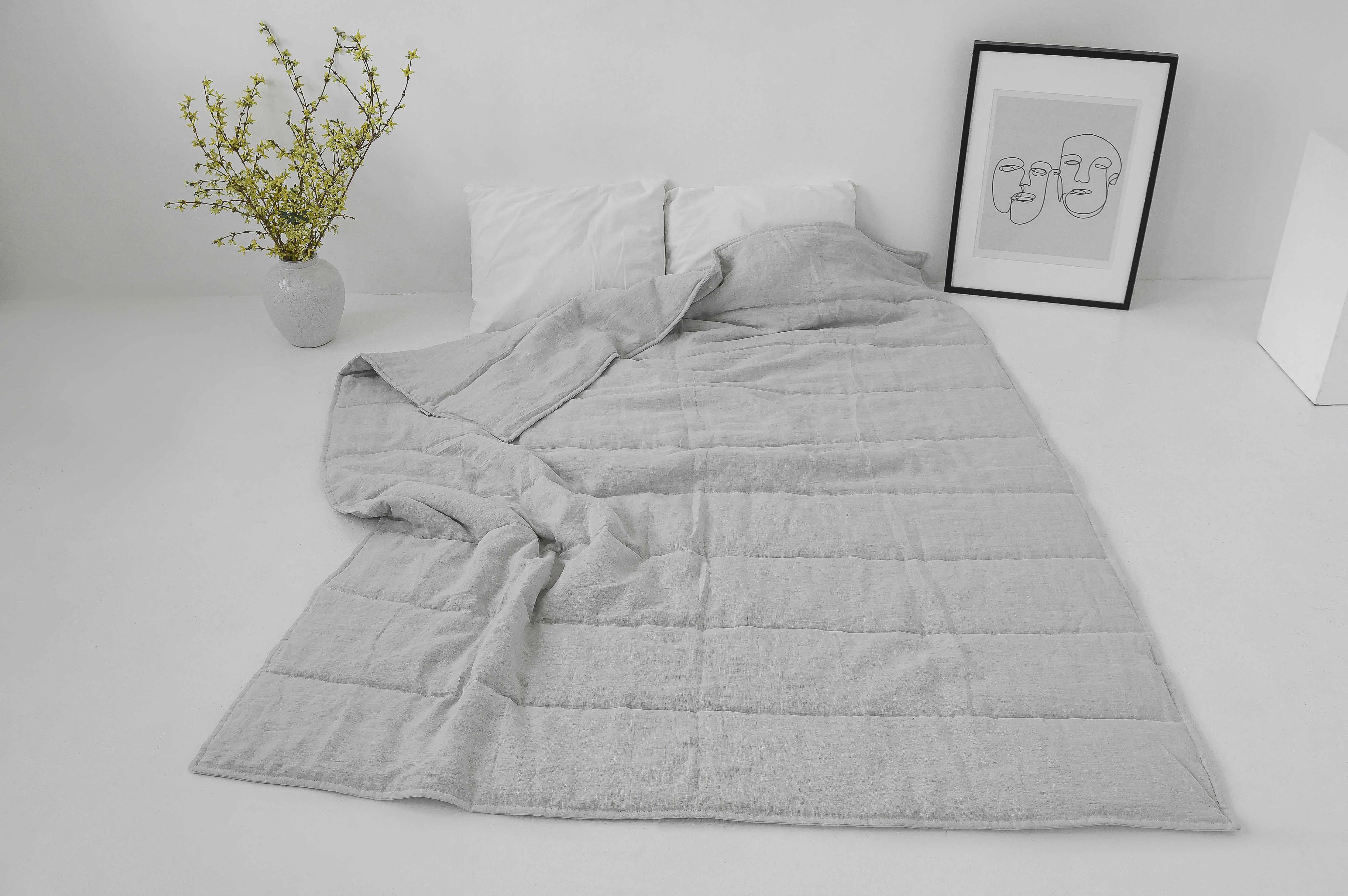Hemp Linen Light Grey Natural Blanket Quilt Linen Soft Washed Fabric Filled Organic Hemp Fiber - Full Queen King custom size