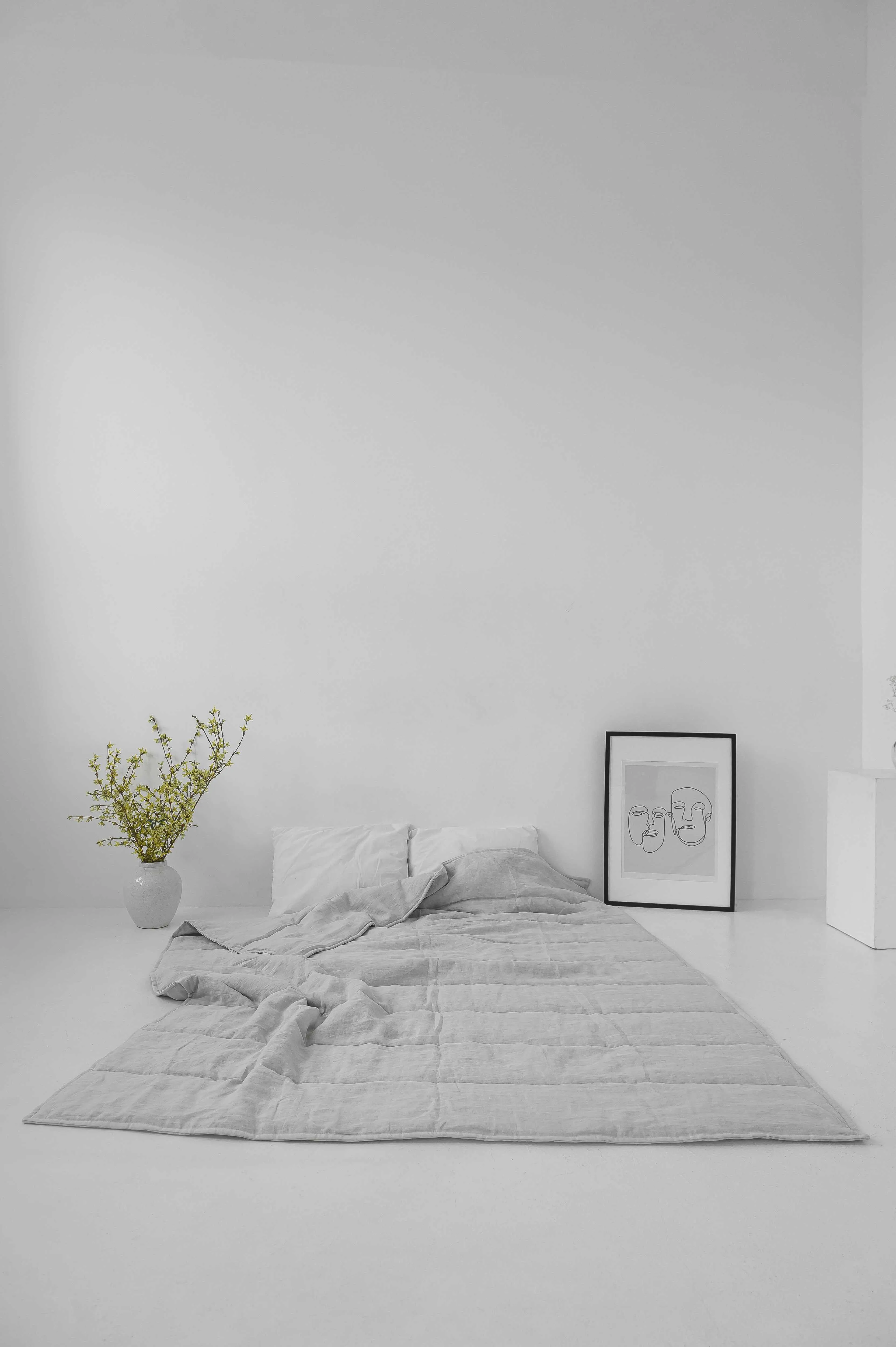 Hemp Linen Light Grey Natural Blanket Quilt Linen Soft Washed Fabric Filled Organic Hemp Fiber - Full Queen King custom size