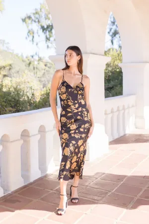Holly Sleeveless Cowl Back Floral Print Midi Dress Black