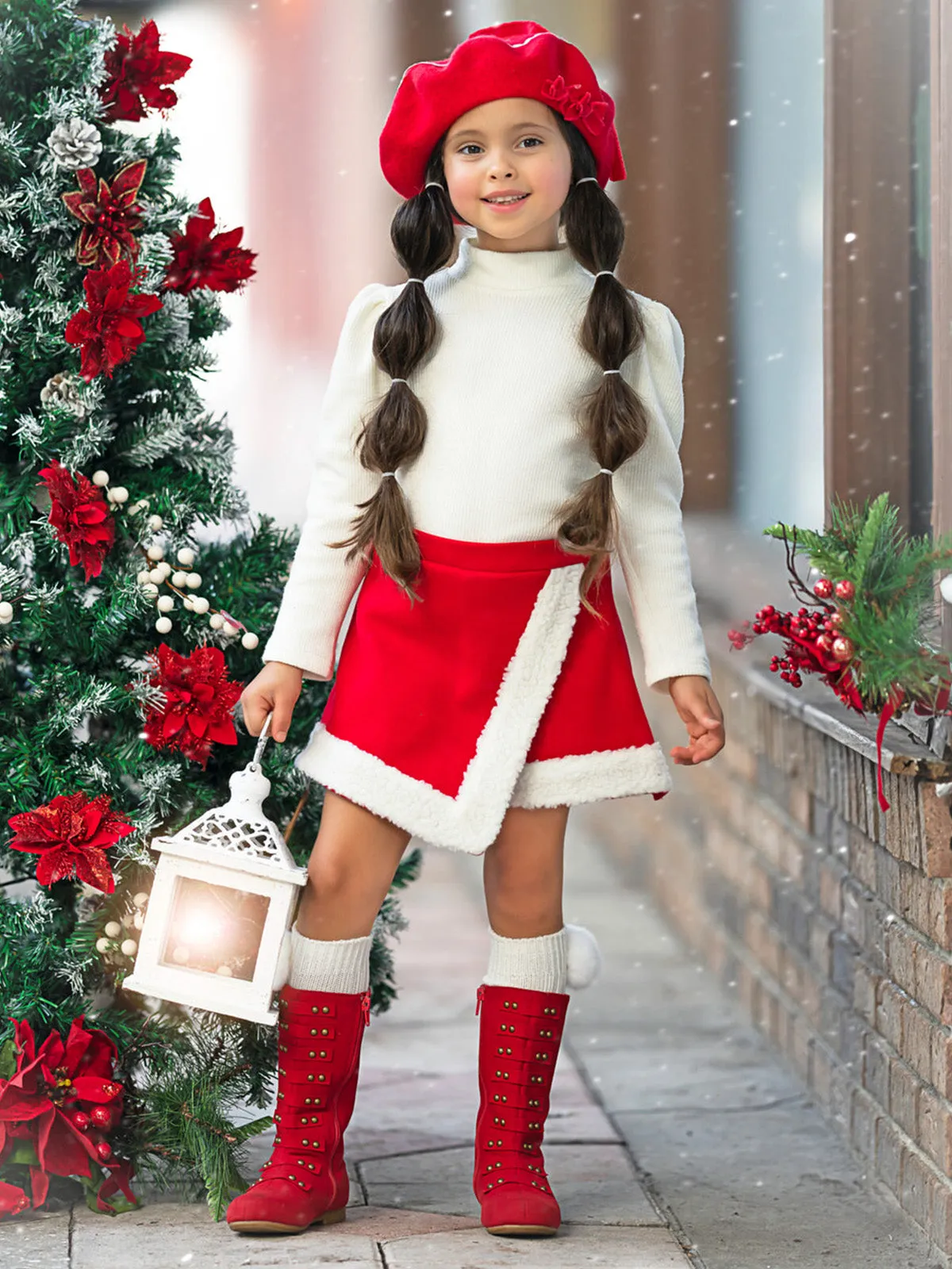 Ivory Turtleneck Top and Red Fur Trimmed Skort Set