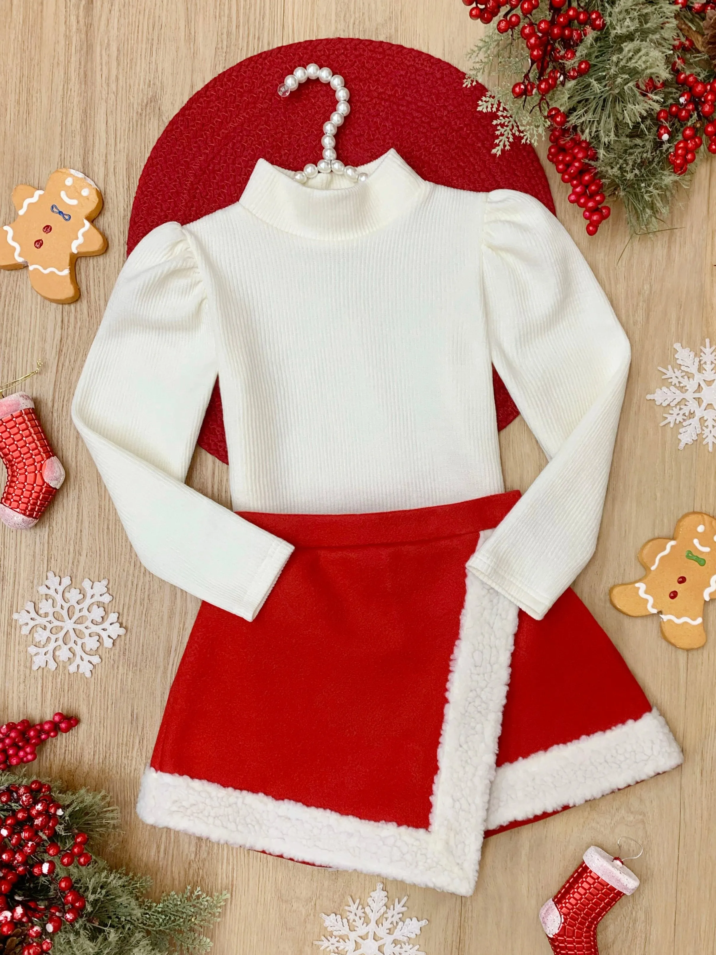 Ivory Turtleneck Top and Red Fur Trimmed Skort Set