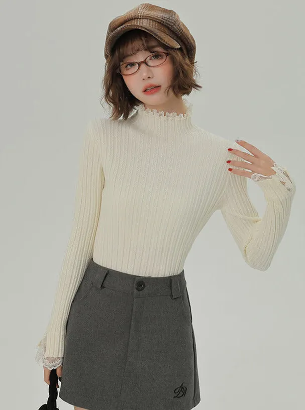 Knit Lace Turtleneck Half Splicing Top