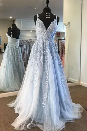 Light Blue Lace Prom Dress Long, Evening Dress, Dance Dress, Graduation School Party Gown, PC0451