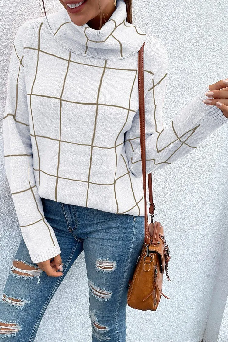 Long Sleeve Drop Shoulder Plaid Side Split Knit Sweater