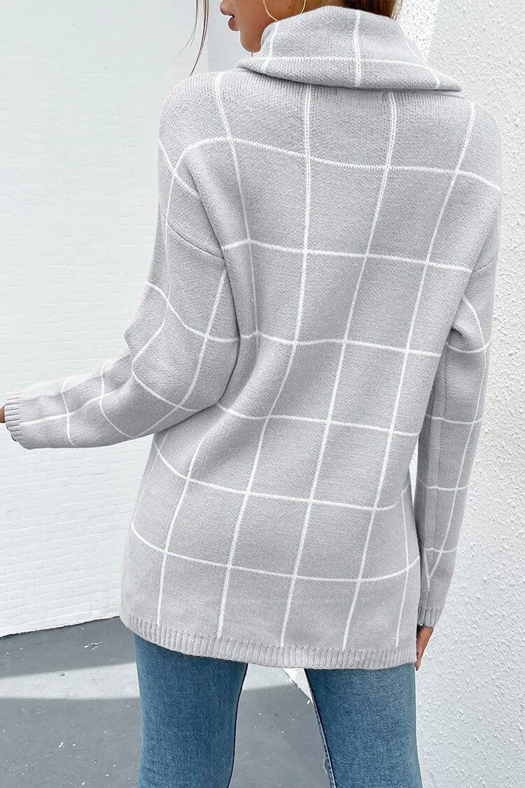 Long Sleeve Drop Shoulder Plaid Side Split Knit Sweater