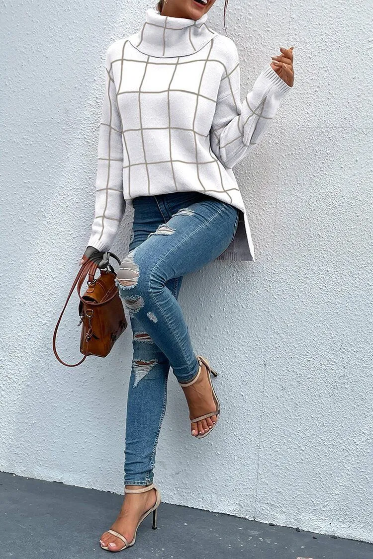 Long Sleeve Drop Shoulder Plaid Side Split Knit Sweater