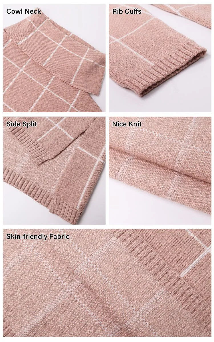 Long Sleeve Drop Shoulder Plaid Side Split Knit Sweater