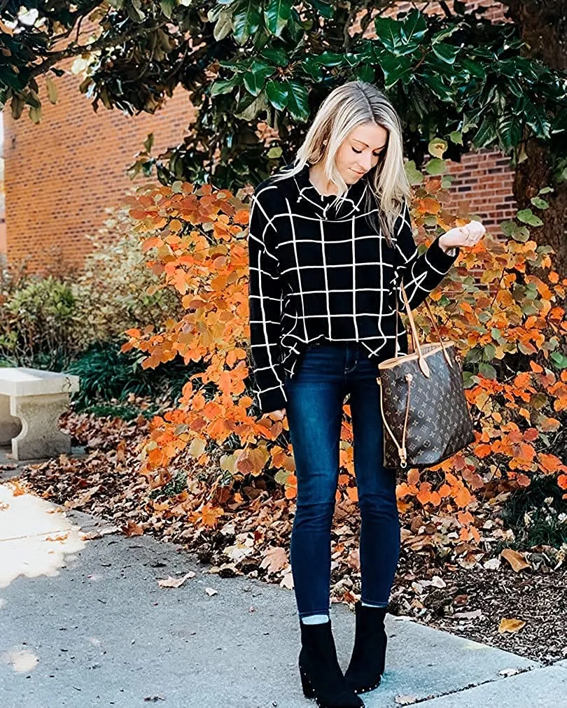 Long Sleeve Drop Shoulder Plaid Side Split Knit Sweater