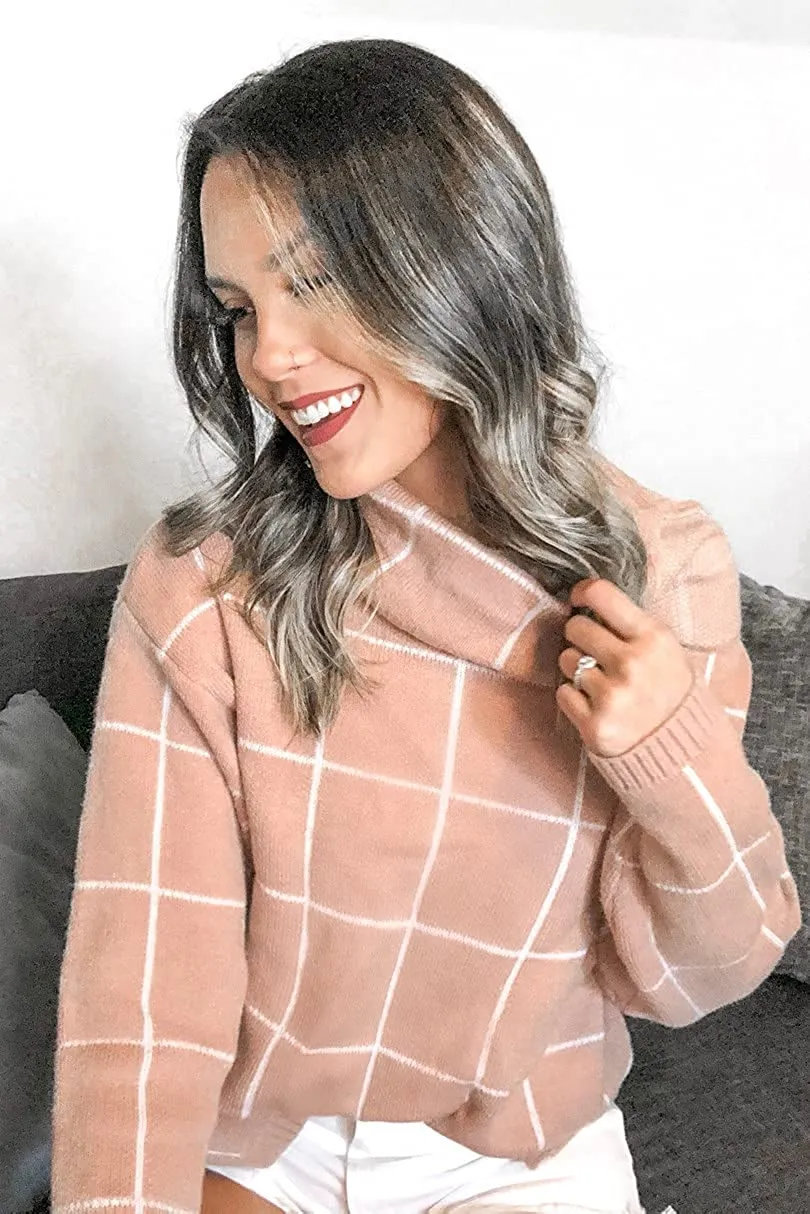 Long Sleeve Drop Shoulder Plaid Side Split Knit Sweater