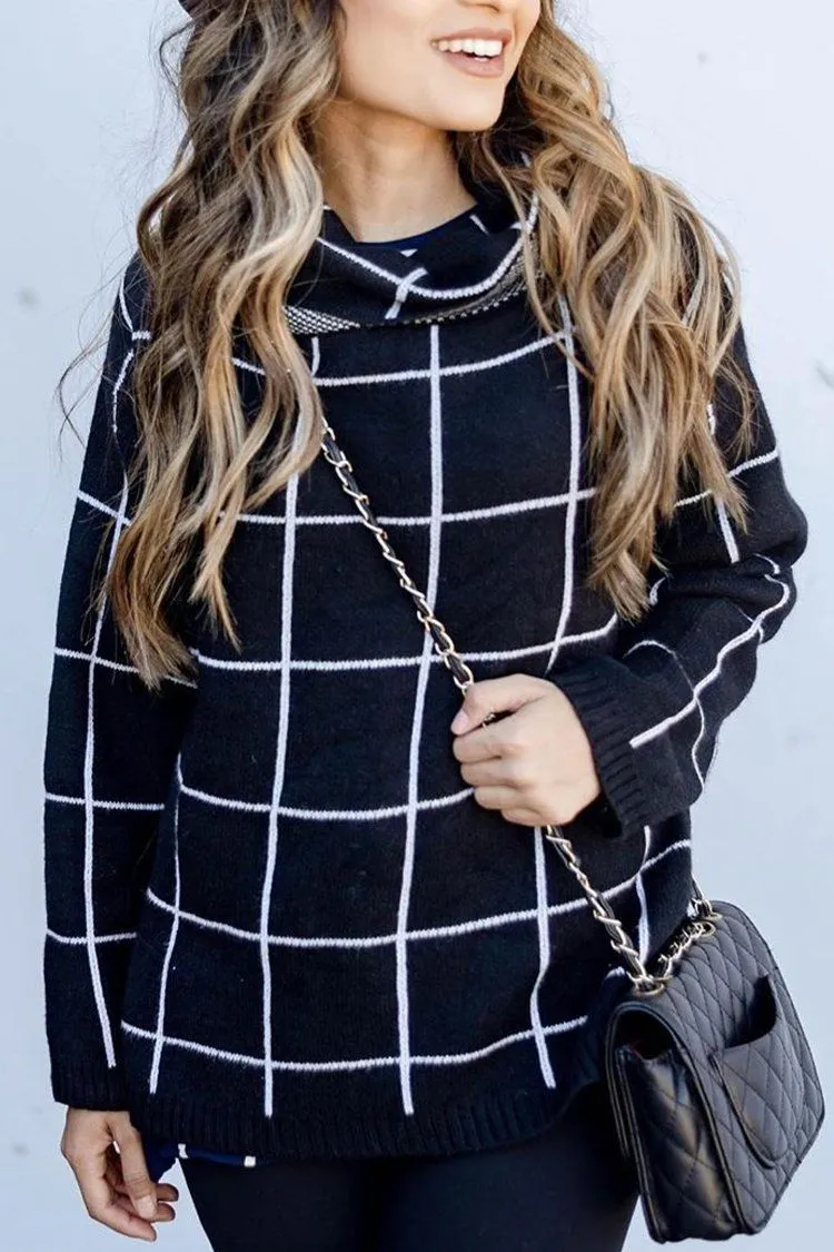 Long Sleeve Drop Shoulder Plaid Side Split Knit Sweater
