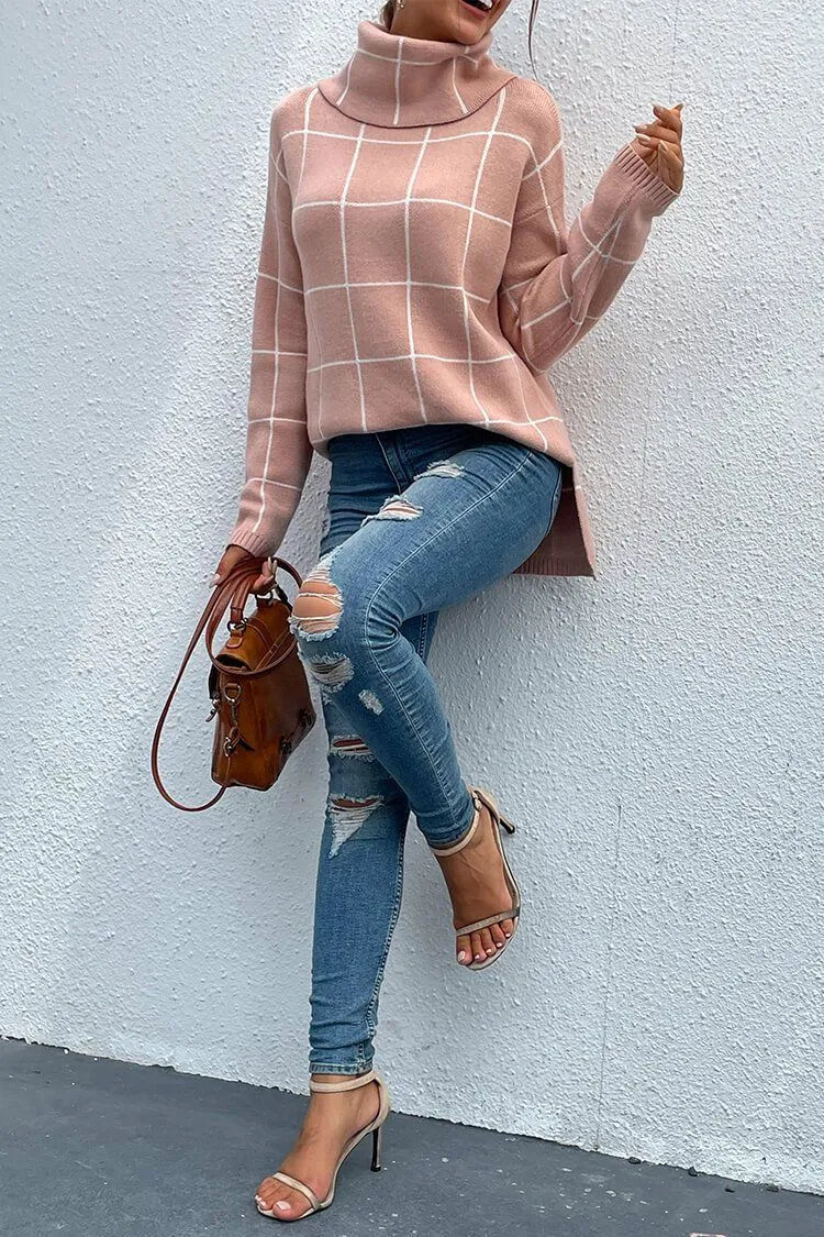 Long Sleeve Drop Shoulder Plaid Side Split Knit Sweater