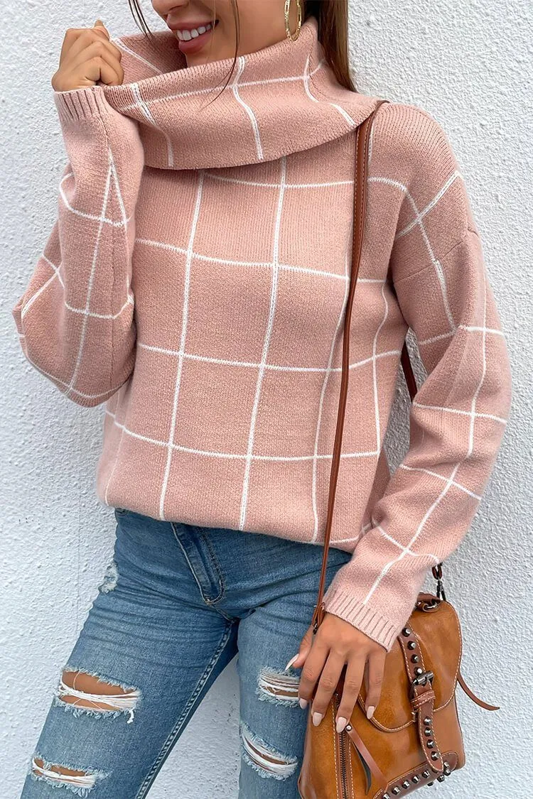 Long Sleeve Drop Shoulder Plaid Side Split Knit Sweater