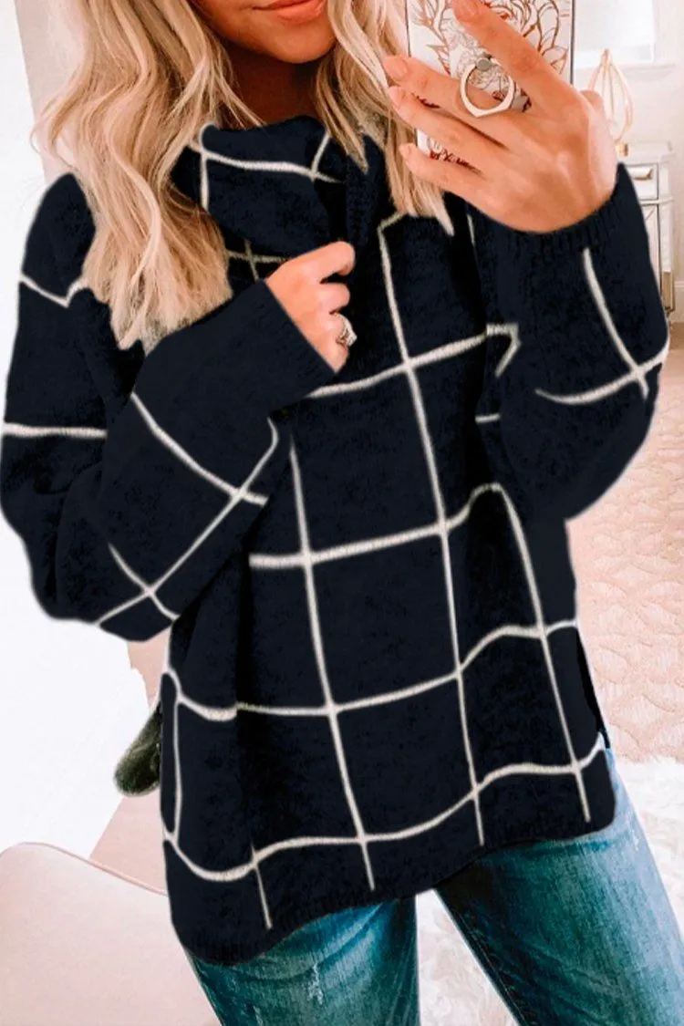Long Sleeve Drop Shoulder Plaid Side Split Knit Sweater