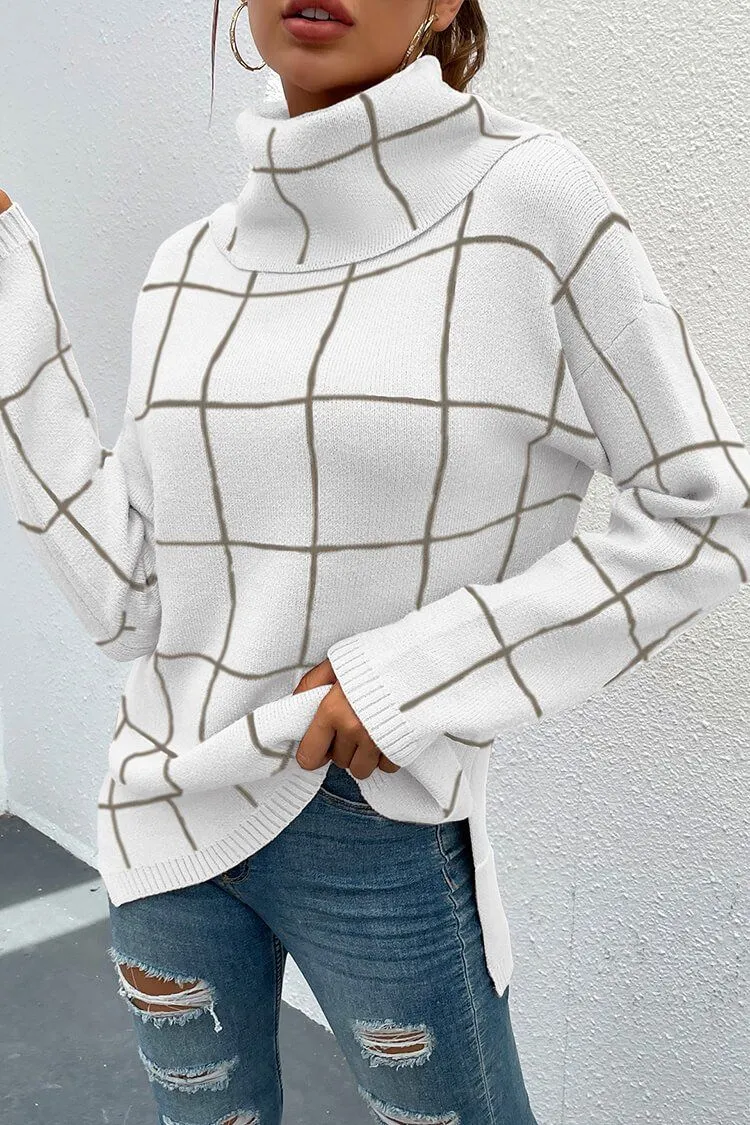 Long Sleeve Drop Shoulder Plaid Side Split Knit Sweater