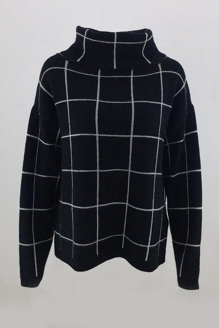 Long Sleeve Drop Shoulder Plaid Side Split Knit Sweater