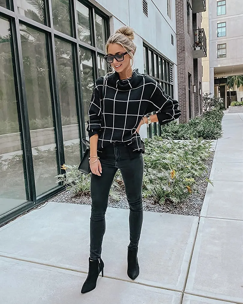 Long Sleeve Drop Shoulder Plaid Side Split Knit Sweater