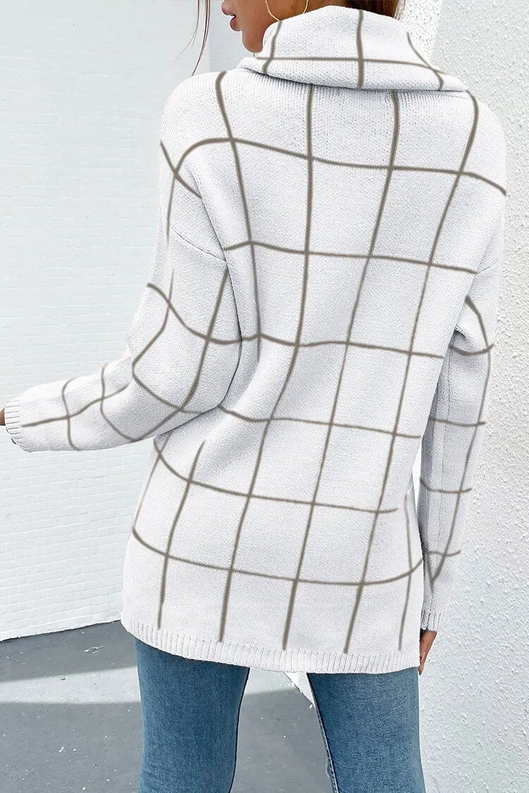 Long Sleeve Drop Shoulder Plaid Side Split Knit Sweater
