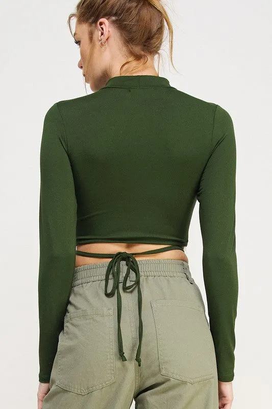 Long Sleeve Self Tie Crop Top