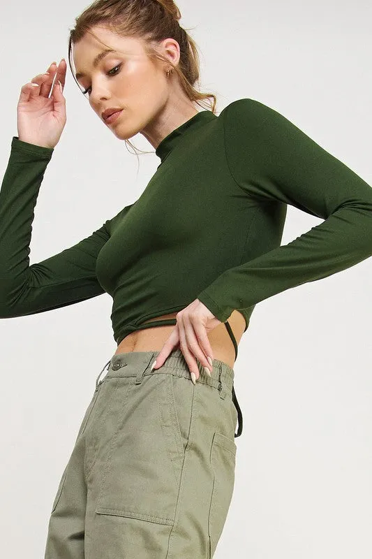 Long Sleeve Self Tie Crop Top