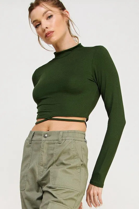 Long Sleeve Self Tie Crop Top