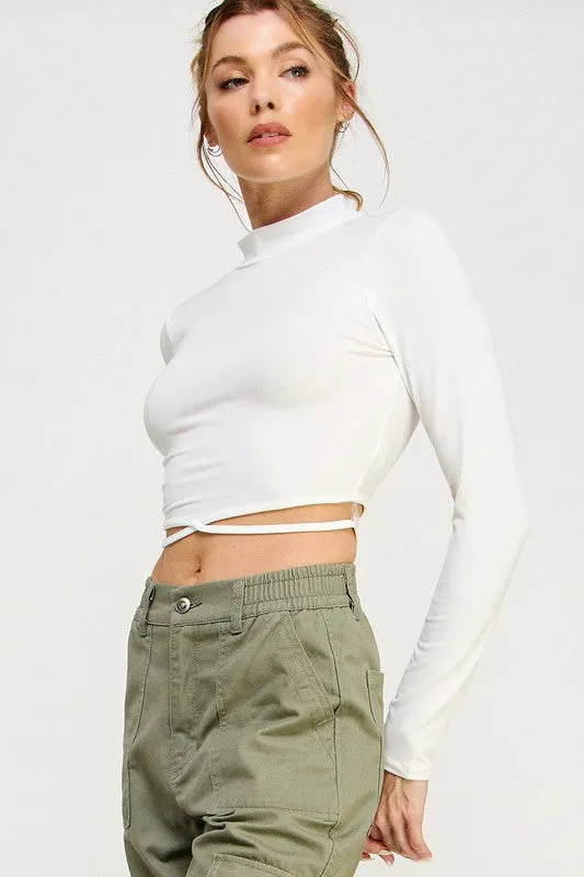 Long Sleeve Self Tie Crop Top