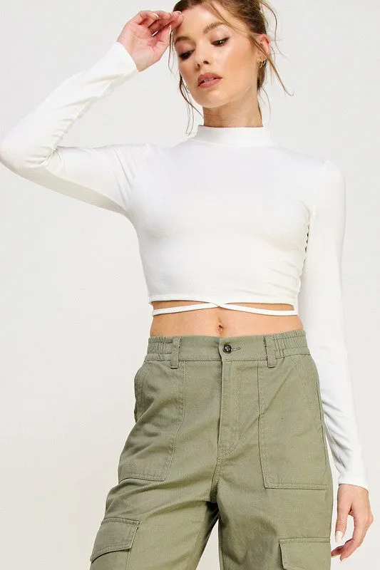 Long Sleeve Self Tie Crop Top