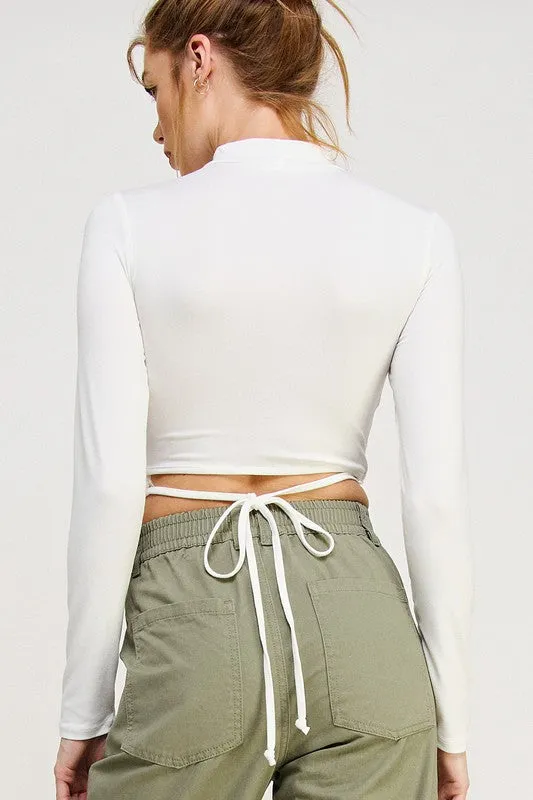 Long Sleeve Self Tie Crop Top