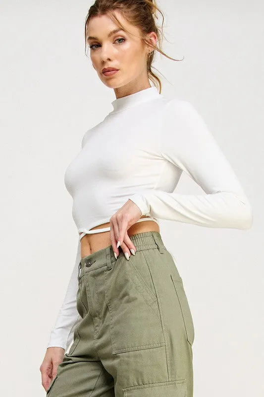 Long Sleeve Self Tie Crop Top
