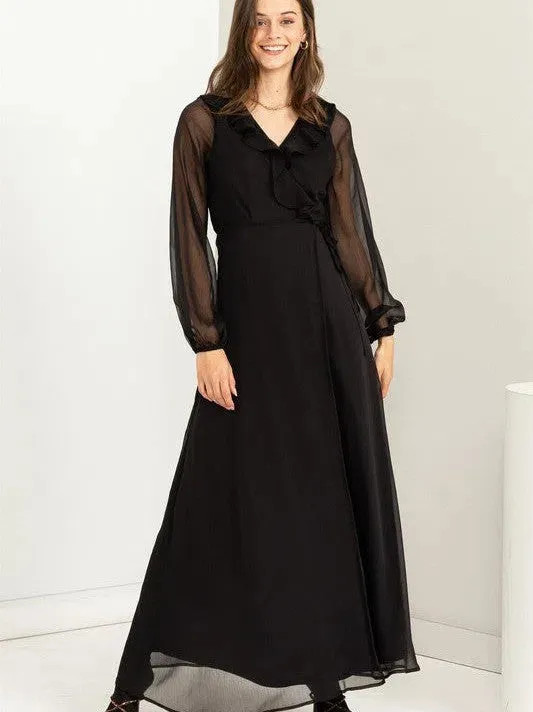 Lost in Love Tie Waist Maxi Wrap Dress with Ruffles and Sheer Sleeves