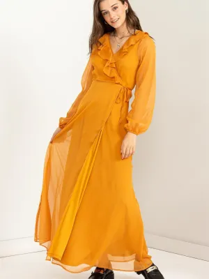 Lost in Love Tie Waist Maxi Wrap Dress with Ruffles and Sheer Sleeves