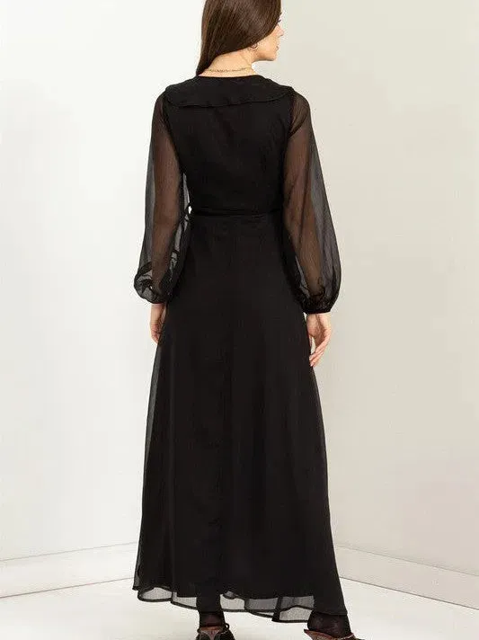 Lost in Love Tie Waist Maxi Wrap Dress with Ruffles and Sheer Sleeves