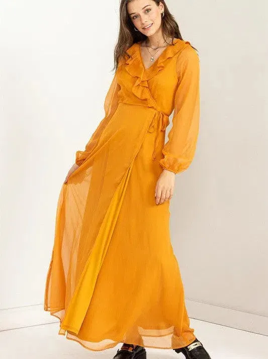 Lost in Love Tie Waist Maxi Wrap Dress with Ruffles and Sheer Sleeves