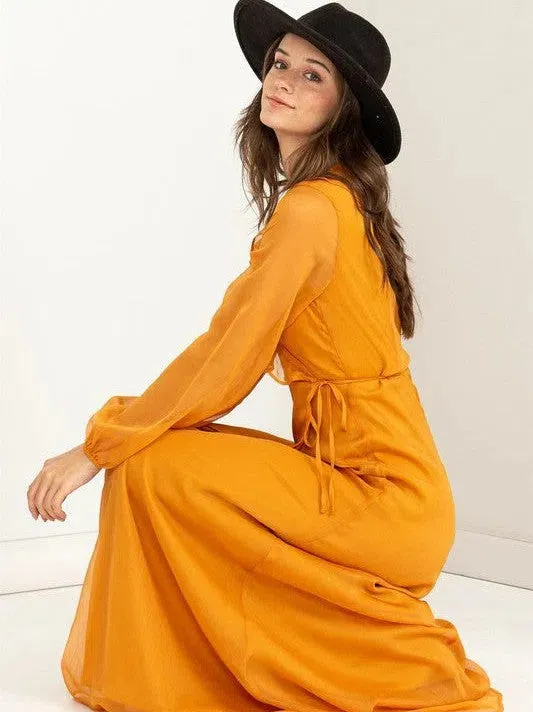Lost in Love Tie Waist Maxi Wrap Dress with Ruffles and Sheer Sleeves