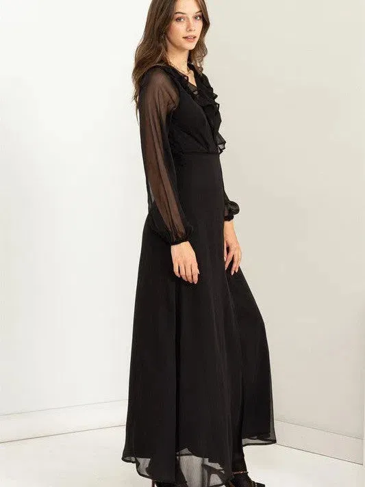 Lost in Love Tie Waist Maxi Wrap Dress with Ruffles and Sheer Sleeves