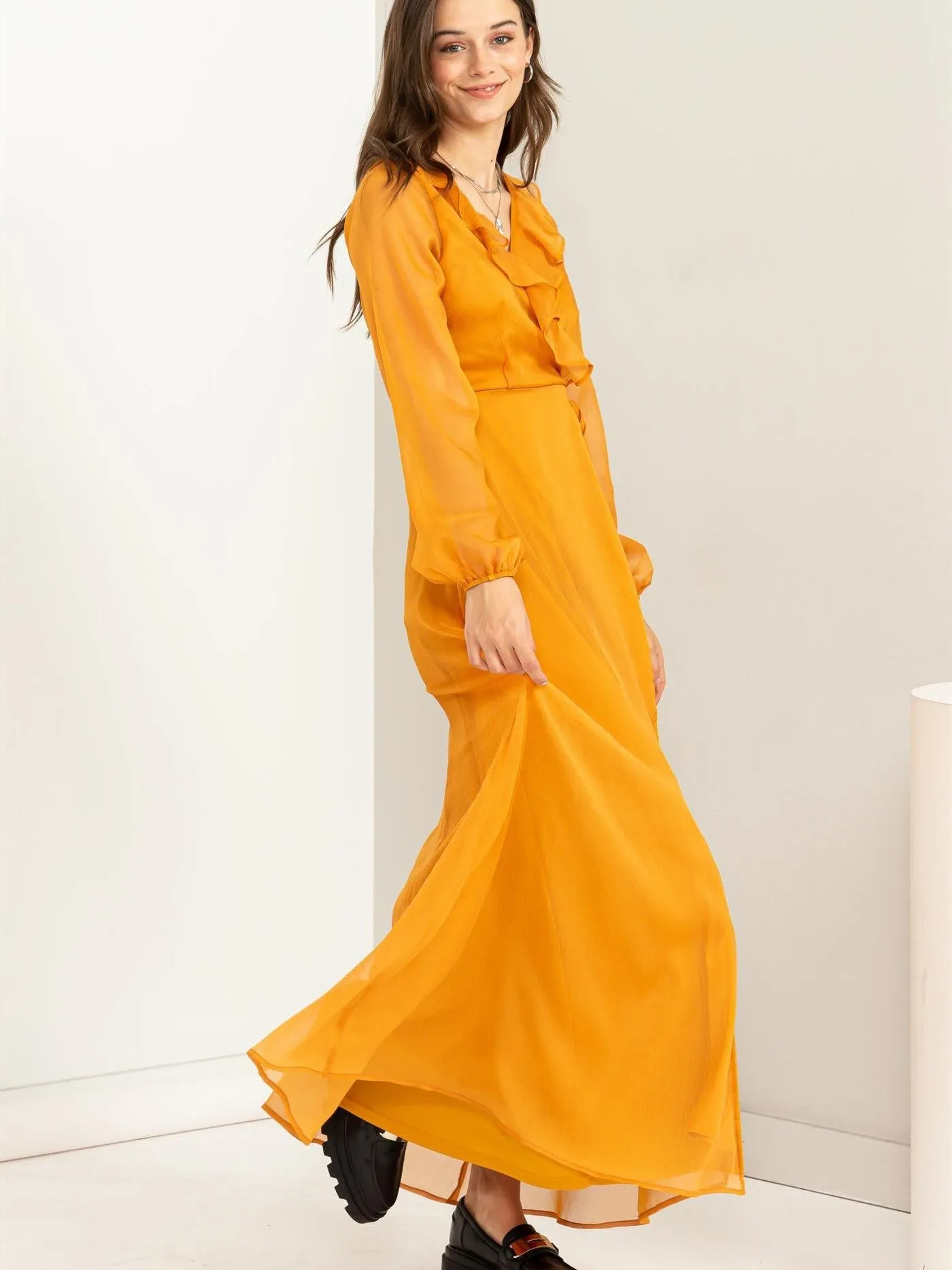 Lost in Love Tie Waist Maxi Wrap Dress with Ruffles and Sheer Sleeves