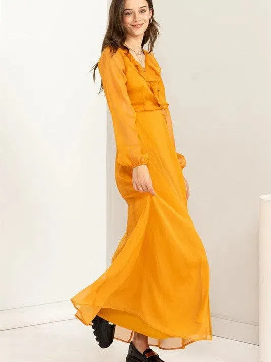 Lost in Love Tie Waist Maxi Wrap Dress with Ruffles and Sheer Sleeves