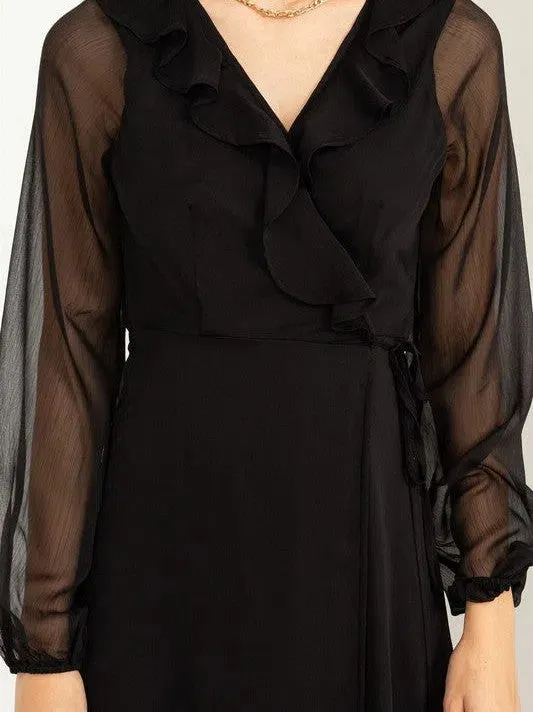 Lost in Love Tie Waist Maxi Wrap Dress with Ruffles and Sheer Sleeves