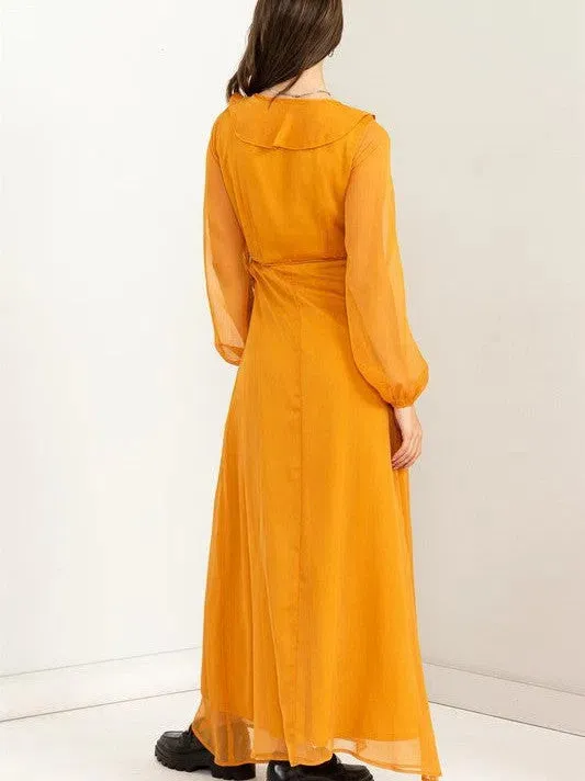 Lost in Love Tie Waist Maxi Wrap Dress with Ruffles and Sheer Sleeves
