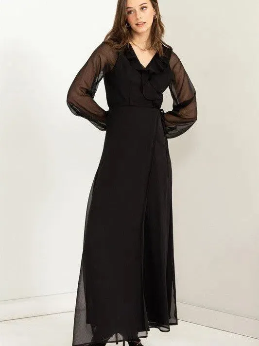 Lost in Love Tie Waist Maxi Wrap Dress with Ruffles and Sheer Sleeves