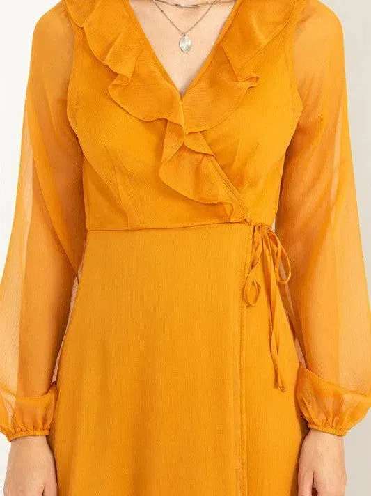 Lost in Love Tie Waist Maxi Wrap Dress with Ruffles and Sheer Sleeves