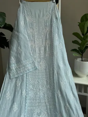 Mul Chanderi Straight Chikankari Tunic - Baby Blue