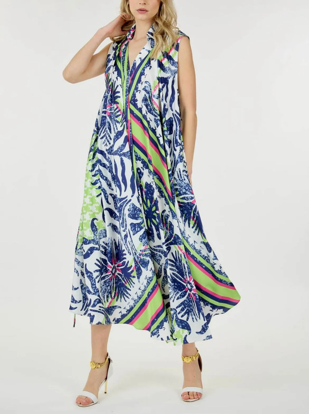 Multi Print Unbalanced Maxi Dress