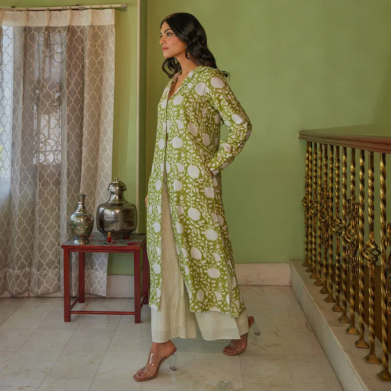 Muslin Tunic Kurta Set for Women | Handblock Print | Green