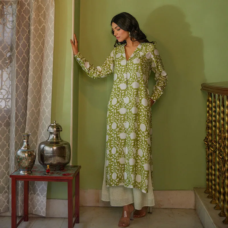 Muslin Tunic Kurta Set for Women | Handblock Print | Green